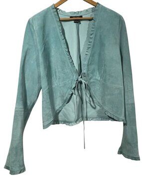 Vtg Y2K Karen Kane Suede Leather Ruffle Open Tie Jacket Sz L Aqua Boho Festival